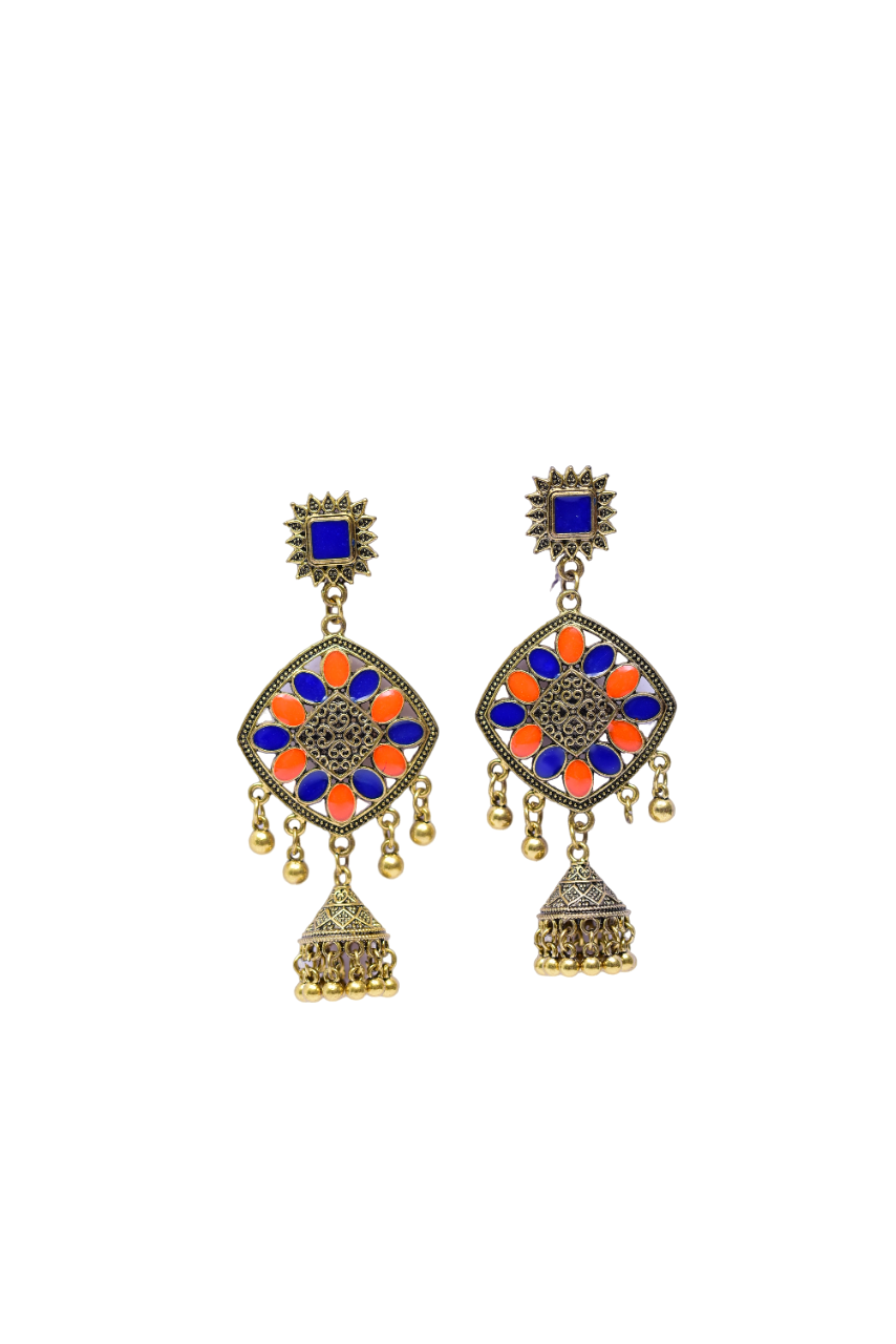 Namokriti Timeless Elegance-Square & Diamond-Shape Gold-Plated Jhumka with Blue and Orange Stones & Hanging Beads